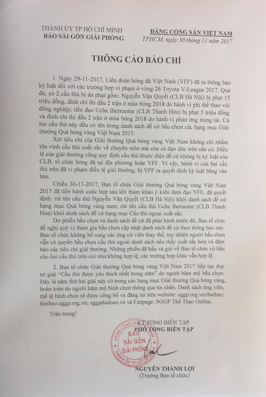 Vung tay trúng gáy, Văn Quyết bị loại khỏi giải Quả bóng Vàng