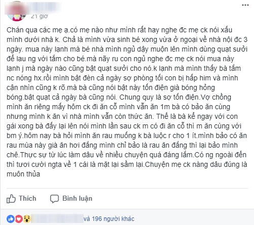 Tố mẹ chồng hà tiện, không cho bật quạt sưởi, cằn nhằn vì mở đèn điện cả ngày, nàng dâu đâu ngờ bị chỉ trích