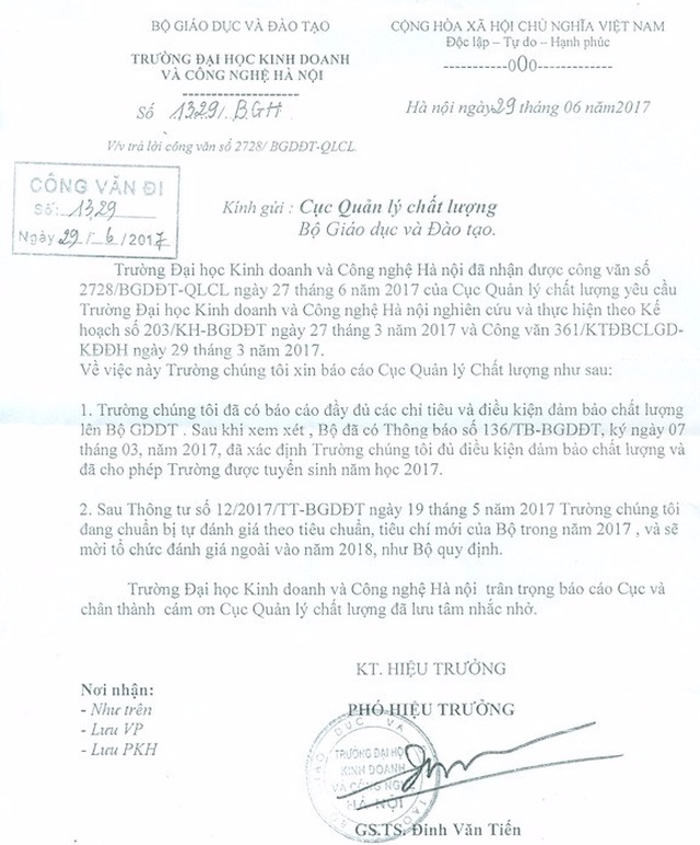 Không hợp tác thẩm định chất lượng, ĐH Kinh doanh và Công nghệ nói gì?