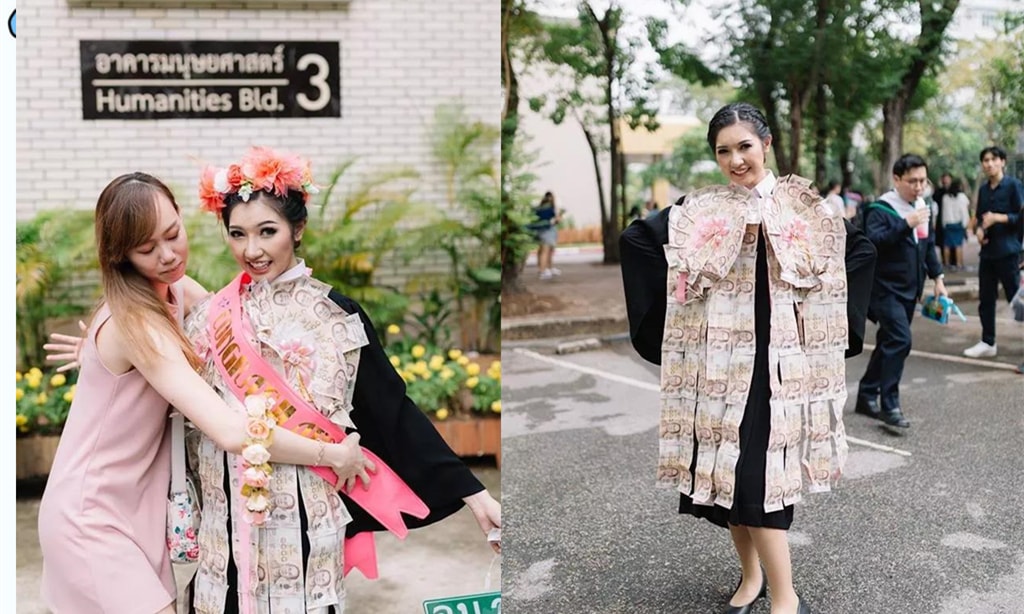 Hot girl Thái gây sốc với bộ lễ phục tốt nghiệp ngập trong tiền