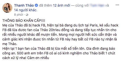 Mẹ Thanh Thảo bị kẻ gian hacker xâm nhập Facebook, lừa fan hàng chục triệu đồng