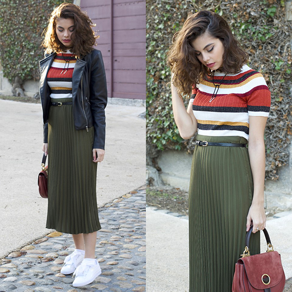 Chân váy dập ly ánh kim giúp bạn sáng bừng trên phố