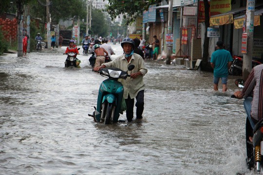 Triều cường đạt đỉnh, người dân cầu cứu xe ba gác