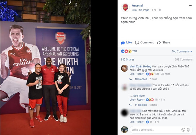 Fanpage đội bóng Arsenal đăng ảnh chúc mừng đám cưới Vinh Râu