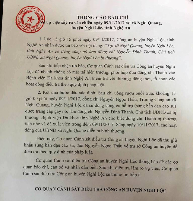 Vụ Chủ tịch xã trúng đạn: Công an huyện Nghi Lộc chính thức lên tiếng