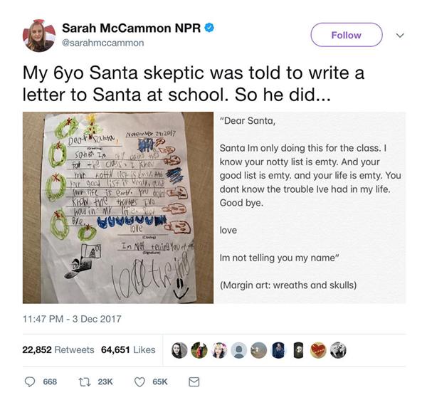 Bé trai 6 tuổi viết thư lột trần sự thật về ông già Noel khiến dân mạng thích thú