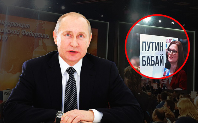 Phản ứng bất ngờ của Tổng thống Nga khi thấy tấm biển Putin bye-bye trong họp báo 2017 Phản ứng bất ngờ của Tổng thống Nga khi thấy tấm biển Putin bye-bye trong họp báo 2017