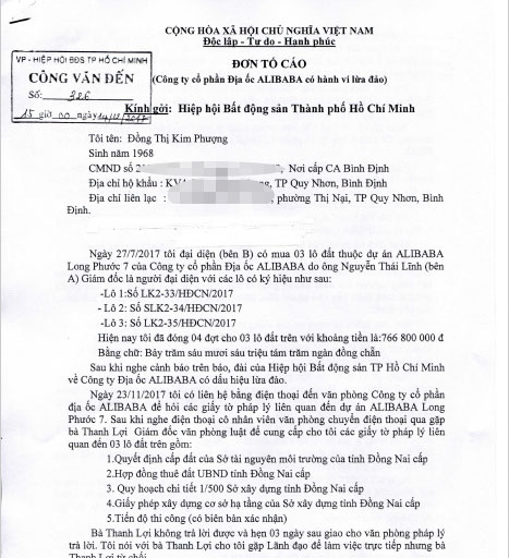 Thêm một khách hàng tố cáo địa ốc Alibaba