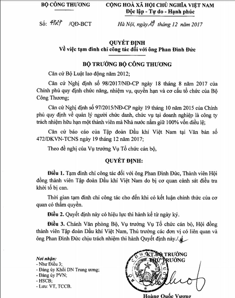 Bộ Công Thương tạm đình chỉ công tác ông Phan Đình Đức