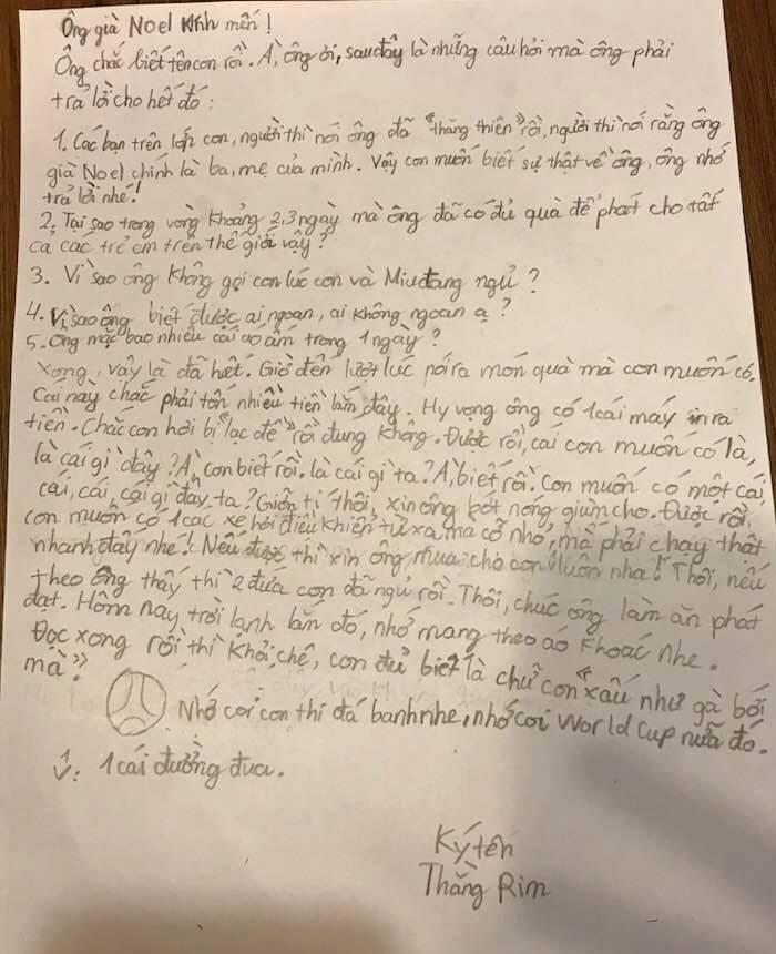 Chết cười với bức thư toàn câu hỏi bá đạo gửi ông già Noel của cậu bé 10 tuổi