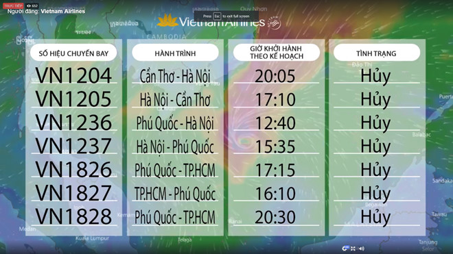 Hủy hàng chục chuyến bay đi TP.HCM, Phú Quốc, Cần Thơ do bão số 16