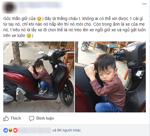 Phì cười với cậu bé mải giữ của mà ngủ quên trên xe mẹ lúc nào không hay