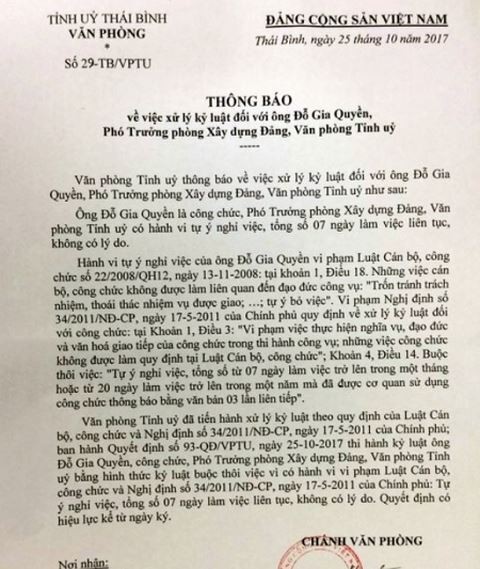 Bắt nguyên cán bộ Văn phòng Tỉnh ủy Thái Bình