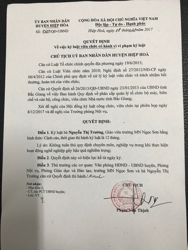 Vụ bé 4 tuổi bị đánh bầm tím toàn thân: Kỷ luật hiệu trưởng và cô giáo