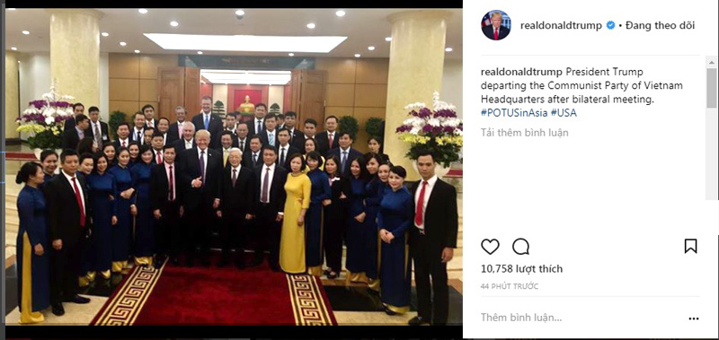 Tổng thống Trump đăng ảnh chụp với Tổng bí thư lên Instagram