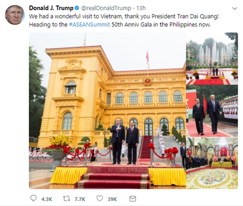 Tổng thống Trump cảm ơn Chủ tịch nước Trần Đại Quang trên Twitter
