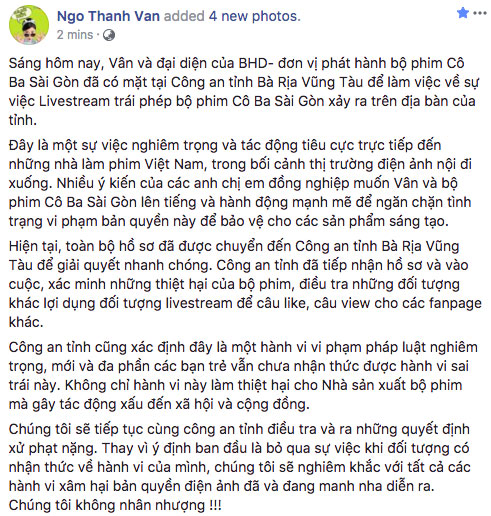 Ngô Thanh Vân quyết không nhân nhượng, mời công an vào cuộc xử lý hành vi livestream lậu phim Cô Ba Sài Gòn