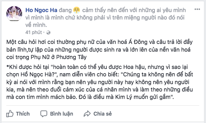Hà Hồ bức xúc khi Kim Lý bị hỏi tại sao không yêu hoa hậu mà lại yêu Hồ Ngọc Hà?