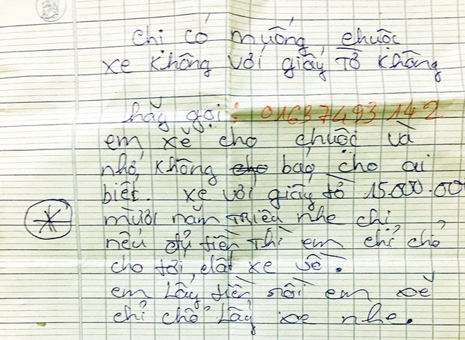 Trộm xe tay ga rồi để lại thư đòi tiền chuộc