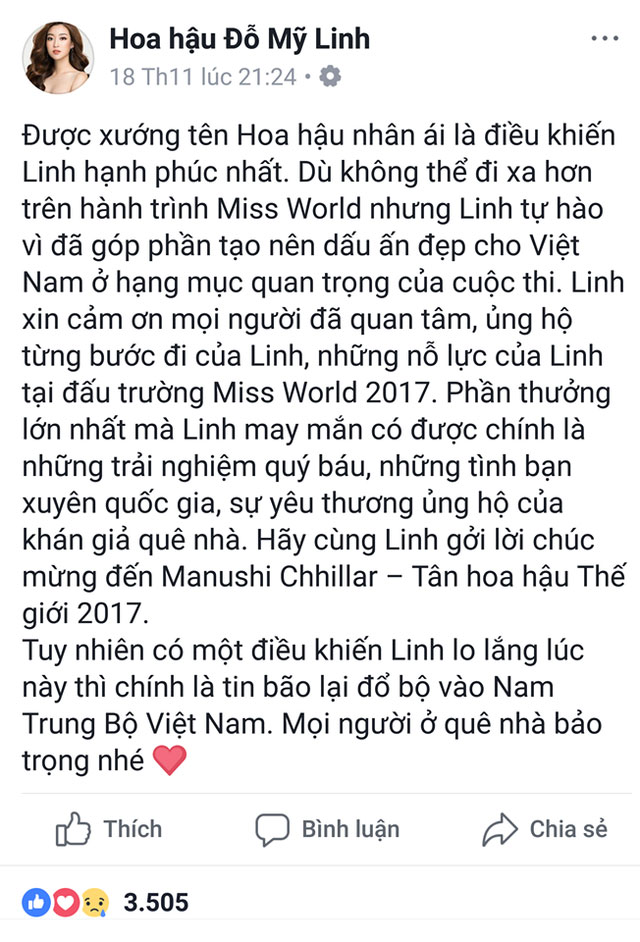 Chia sẻ cảm động của Đỗ Mỹ Linh sau đêm chung kết Miss World 2017