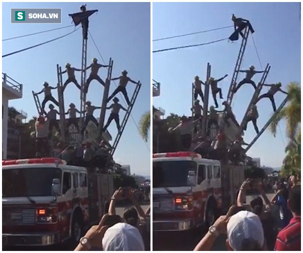 Clip: Gặp lỗi khi trình diễn, nhóm lính cứu hỏa bị ngã gãy xương