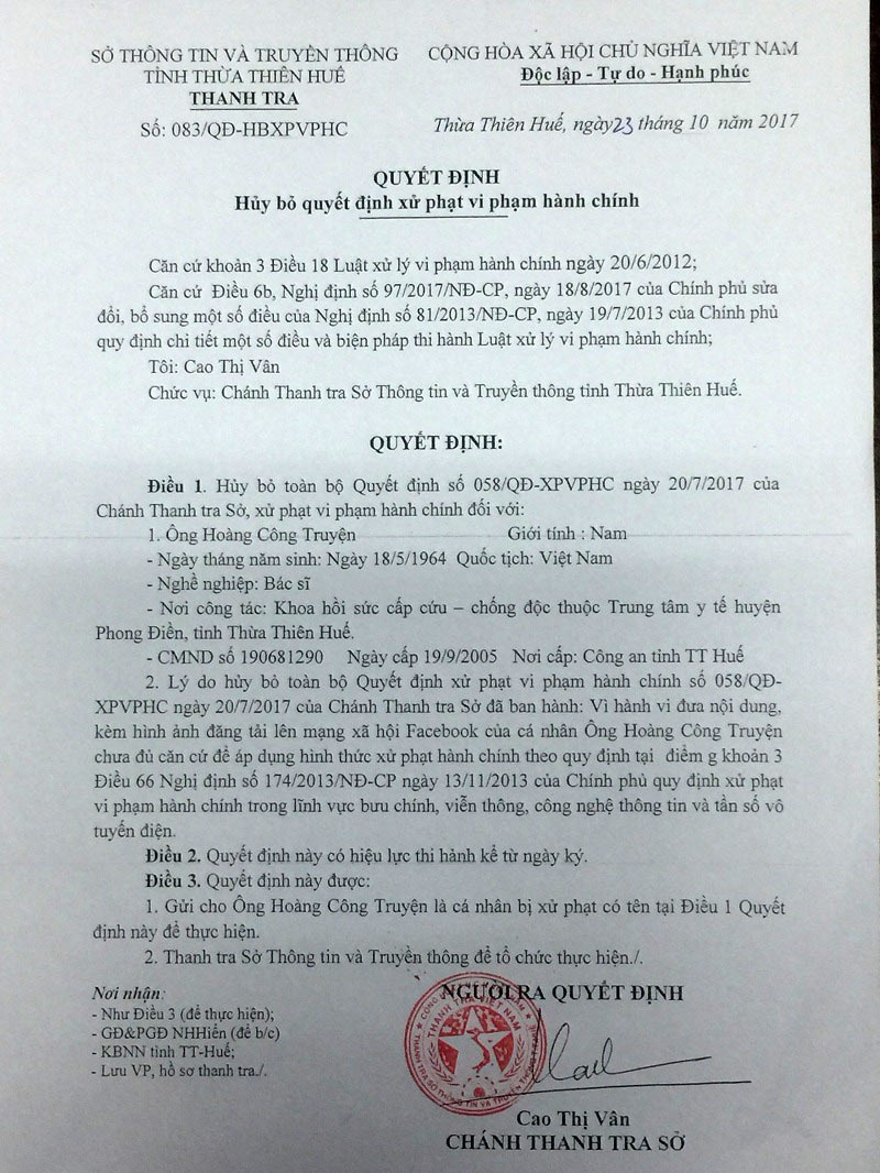Hoàn trả BS Hoàng Công Truyện 5 triệu đồng phạt oan
