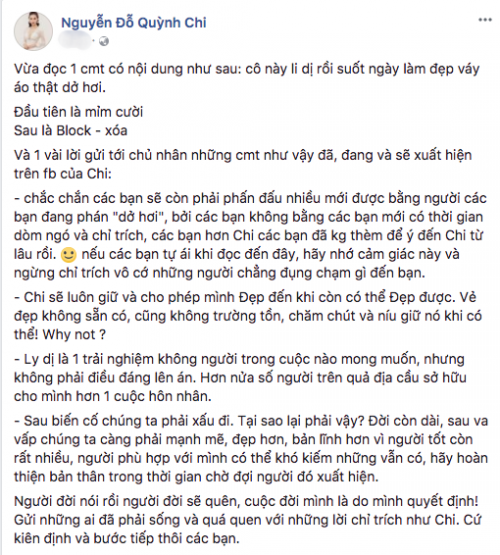 MC Quỳnh Chi đáp trả anti-fan khi bị công kích đã ly dị vẫn suốt ngày làm đẹp, xúng xính váy áo
