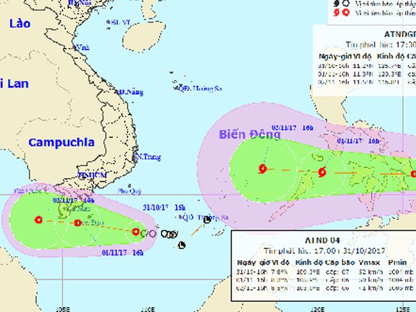 Hai áp thấp nhiệt đới cùng hướng vào Nam Bộ