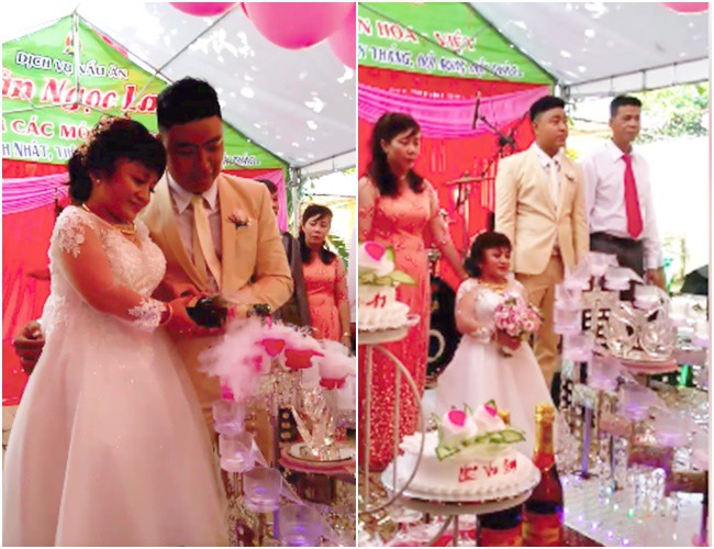 Chú rể bế bổng cô dâu nấm lùn cao chưa đến 1m lên ghế cắt bánh trong tiệc cưới gây xôn xao