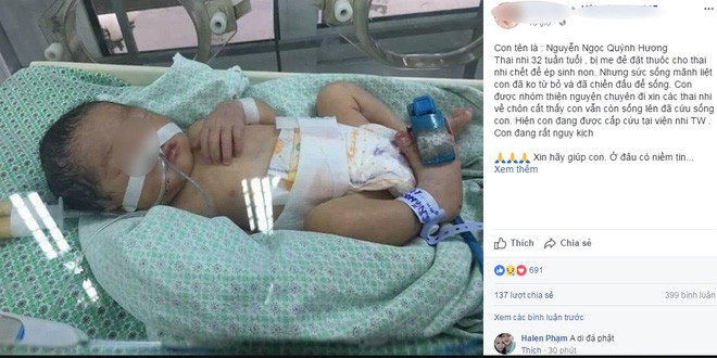 Bé gái 32 tuần tuổi bị mẹ phá thai để chối bỏ được nhóm thiện nguyện khi đi nhặt xác thai nhi cứu sống