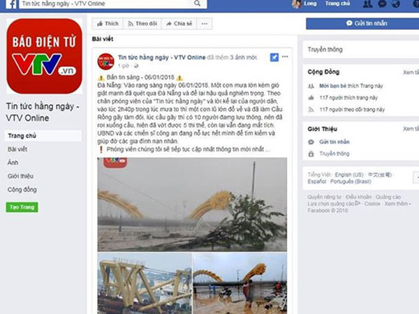 Giả mạo Facebook VTV8 đăng tin thất thiệt về Đà Nẵng