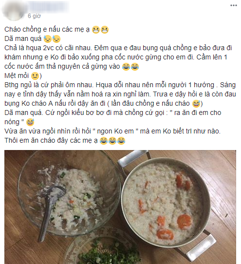 Vợ đau bụng nằm bẹp dí, chồng chăm sóc bằng nồi cháo heo khiến vợ tức ấm ức, chị em cười xòa xui bỏ qua