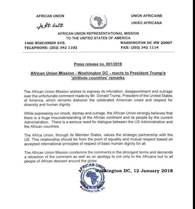 Các nước châu Phi yêu cầu Trump xin lỗi vì bình luận quốc gia dơ bẩn