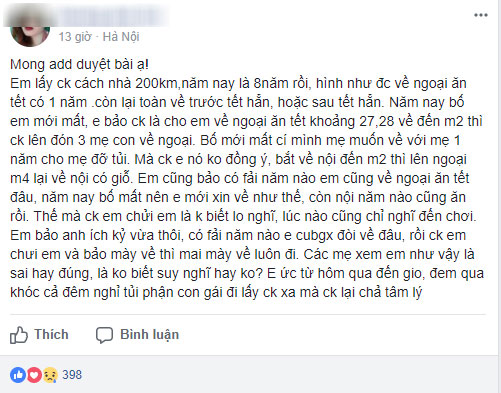 8 năm lấy chồng xa, năm nay bố vừa mất, cô nàng xin về ăn Tết nhà ngoại liền bị chồng quát không biết suy nghĩ