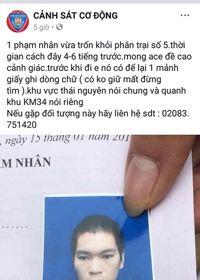 Thái Nguyên: Một phạm nhân vừa trốn trại, để lại lời nhắn có không giữ mất đừng tìm