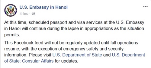 Sứ quán Mỹ tại Hà Nội vẫn cấp visa trong khi chính phủ đóng cửa
