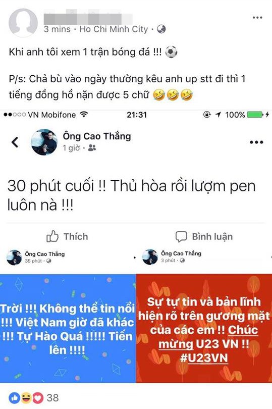 Bình thường viết status 1 tiếng được 5 chữ, thế mà vì U23 Ông Cao Thắng đã liên tục thể hiện tình cảm cực hăng say!
