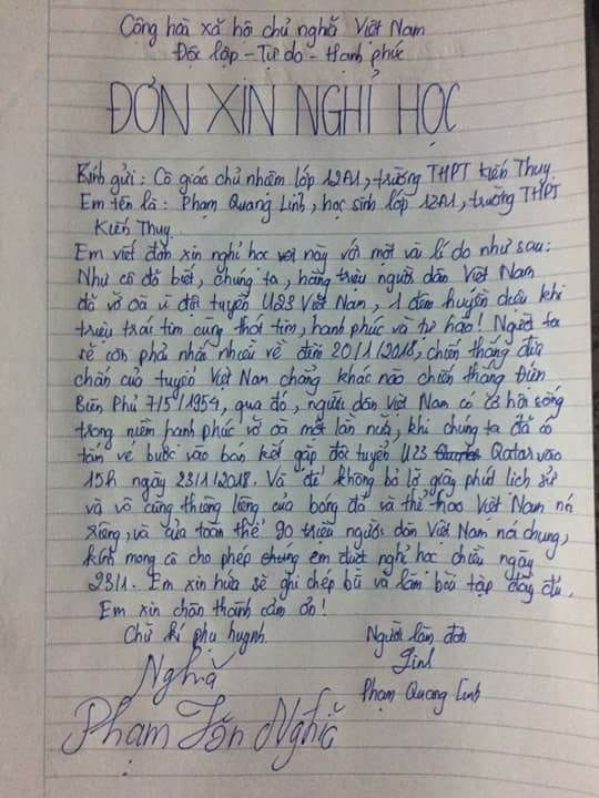 Nam sinh xin nghỉ học để xem đội tuyển U23 Việt Nam đá bán kết?