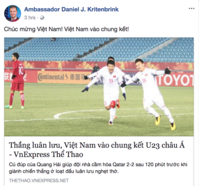 Đại sứ Mỹ chúc mừng Việt Nam vào chung kết U23 châu Á