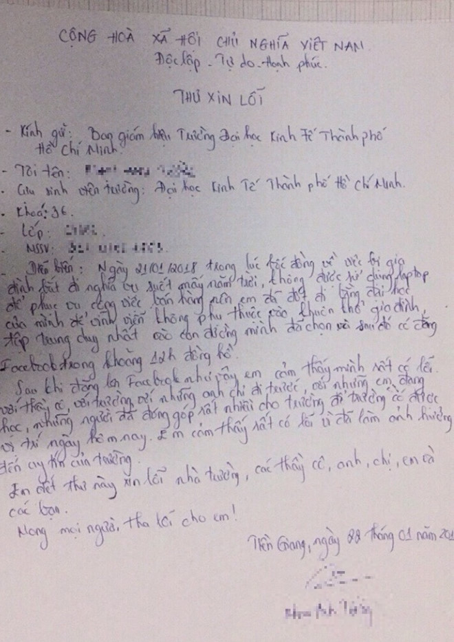 Cử nhân kinh tế đốt bằng đại học gửi thư xin lỗi