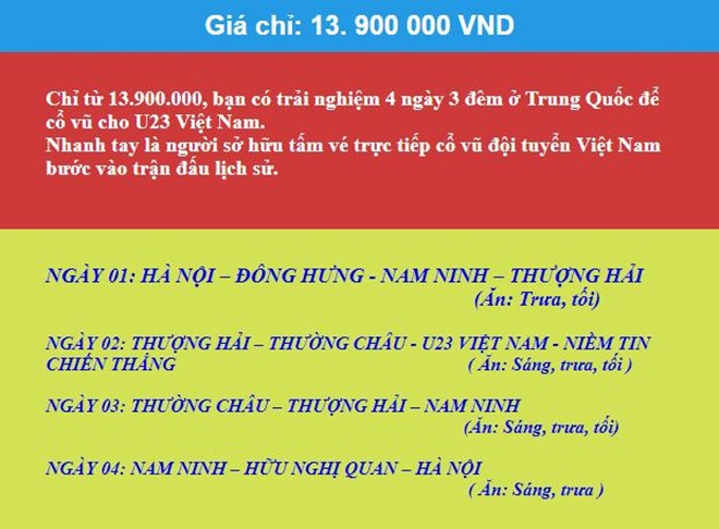 Sức nóng trước trận chung kết của U23 Việt Nam: Gian nan săn vé máy bay, cháy tour du lịch tới Thường Châu, Trung Quốc Sức nóng trước trận chung kết của U23 Việt Nam: Gian nan săn vé máy bay, cháy tour du lịch tới Thường Châu, Trung Quốc