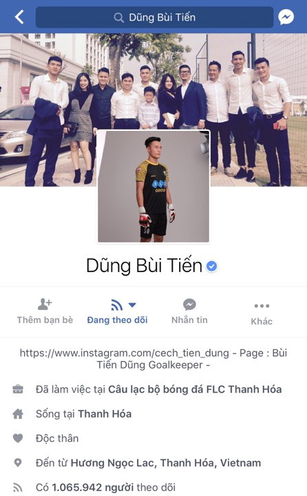 Facebook của thủ môn Bùi Tiến Dũng vượt mốc một triệu follow