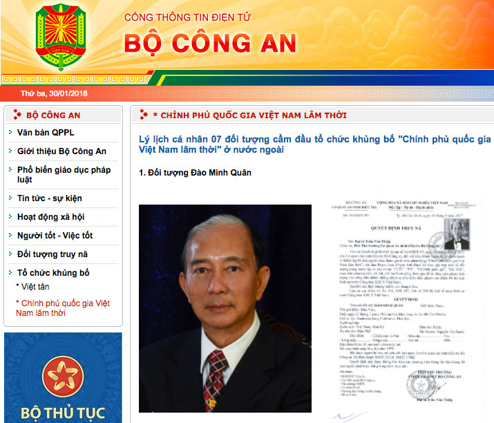 Bộ CA thông báo về tổ chức khủng bố Chính phủ quốc gia VN lâm thời