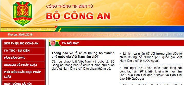 Bộ CA thông báo về tổ chức khủng bố Chính phủ quốc gia VN lâm thời