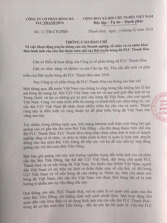 Thủ môn Bùi Tiến Dũng nói gì về bảng báo giá đang gây xôn xao mạng?