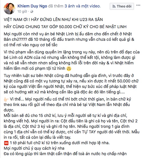 Cộng đồng kêu gọi 50.000 chữ ký đòi công bằng cho bé Nhật Linh