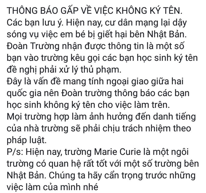 Trường Marie Curie nói gì về kêu gọi không ký ủng hộ bé Nhật Linh?
