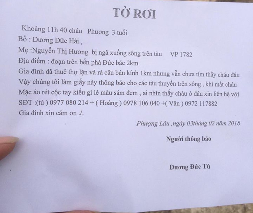 Bé trai 3 tuổi nghi rơi xuống sông Lô mất tích lúc giữa trưa