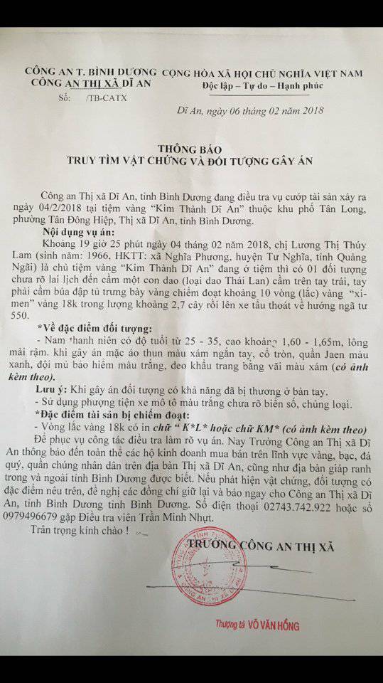 Thông tin mới vụ cướp tiệm vàng táo tợn ở Bình Dương