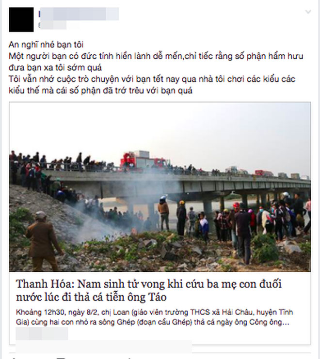 Bạn bè tiếc thương nam sinh tử vong khi cứu 3 mẹ con đuối nước lúc đi thả cá tiễn ông Táo Bạn bè tiếc thương nam sinh tử vong khi cứu 3 mẹ con đuối nước lúc đi thả cá tiễn ông Táo